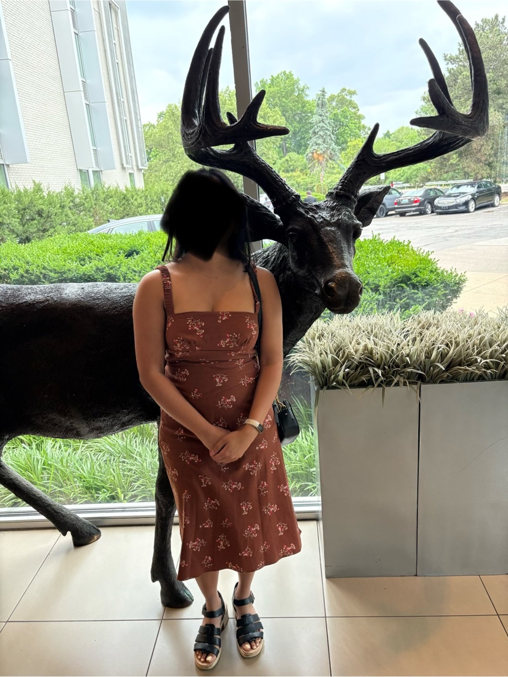 Brown Floral Backless Midi Dress